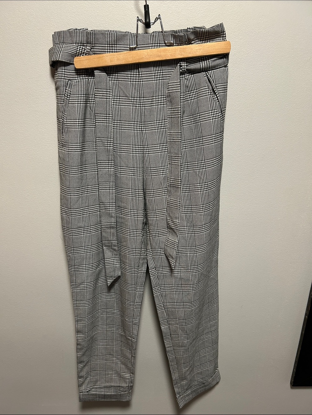 Zara Black & White Glen Plaid Paperbag Waist Trousers